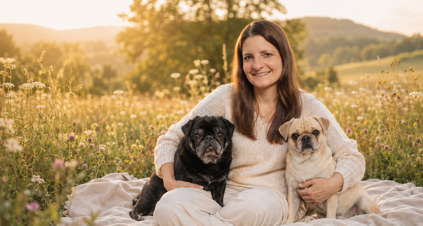 Natascha Knorpp mit Frank und Josy auf einer Blumenwiese im Abendlicht